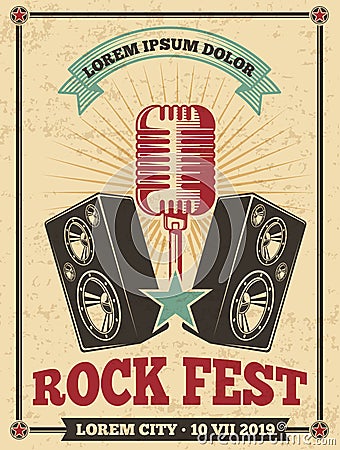 Rock festival vintage vector poster. Rock and roll concert retro background Vector Illustration