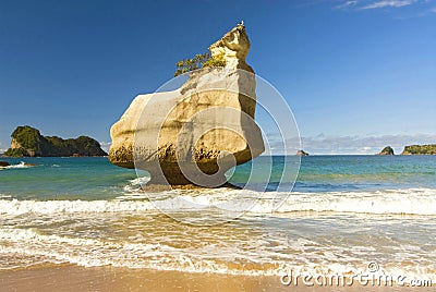 Rock formations and fine sandy beach at Cathedral Cove on the Coromandel Peninsula in New Zealand, North Island. Stock Photo