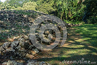 Rock formations at Ulupo Heiau historic hawaiian religious site in Kailua, Oahu Stock Photo