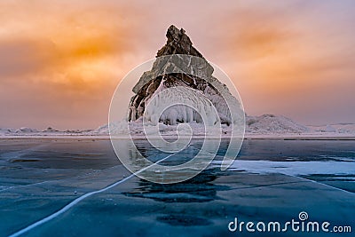 Rock on freeze water lake, Baikal Russia winter season Stock Photo