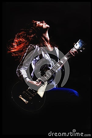 Rock girl with guitar fractal background Stock Photo