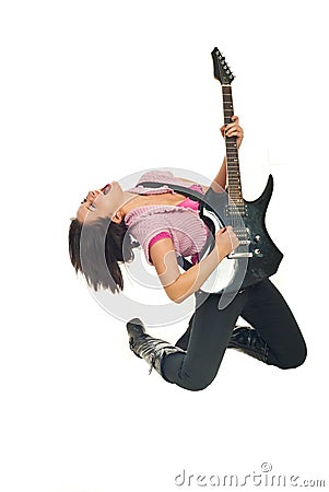 Rock girl with guitar singing Stock Photo