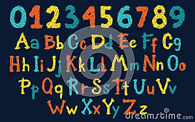 Rock grunge graffiti stamp abs, numbers. Vector English Alphabet in cartoon hand-drawn brush style. Colorful letters on Vector Illustration