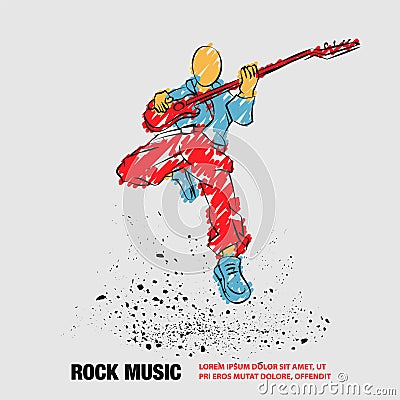 Rock Guitar Player Jumping with guitar. Vector outline of Rock Music Festival banner with scribble doodles style. Vector Illustration