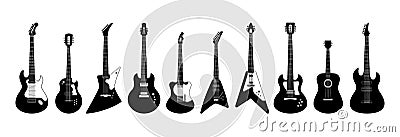 Rock guitar silhouette. Musical string instruments. Electric fender. Neck and bass in drawn acoustic music sketch. Black Vector Illustration