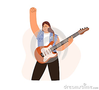 Rock guitarist playing music with electric guitar. Woman standing, performing solo. Modern string instrument player with Vector Illustration