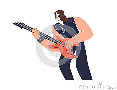 Rock guitarist playing solo on electric guitar. Metal musician performing music on string instrument. Rocker with face Vector Illustration