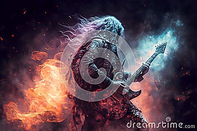 Rock guitarist plays music with fire and smoke, musician performs at concert, generative AI Stock Photo