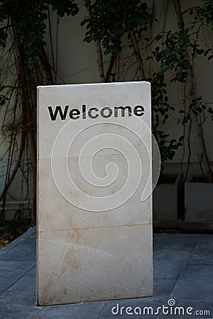 Rock manument stand for welcome message reception label or stone sign Stock Photo