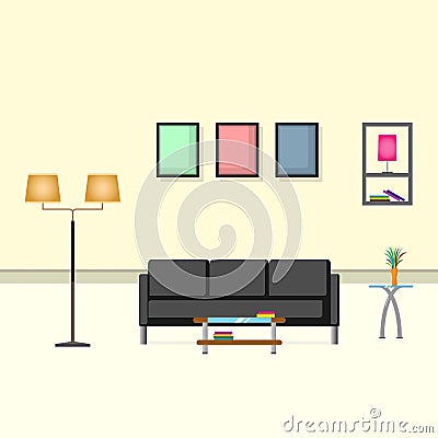 Interior design cream color living room with sofa, lamp, vase and picture frame Vector Illustration