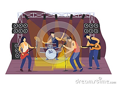 Rock music band give concert, friend group together perform hard melody and dance isolated on white, flat vector Vector Illustration