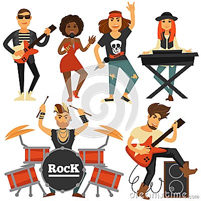 Rock music band singer, bass guitarist and percussion player vector flat icons Vector Illustration