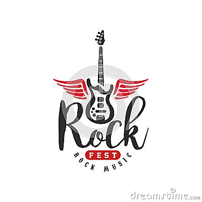 Rock music fest logo, emblem for Rock festival, guitar party, musical performance, design element can be used for poster Vector Illustration