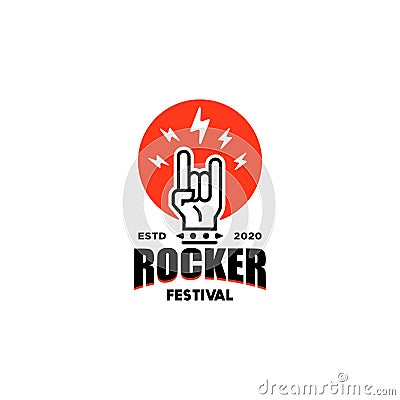 Rock music fest logo with rocker or metal hand gesture, emblem for Rock festival,party, musical performance Vector Illustration