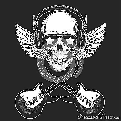 Cool rock star skull wearing disco glasses and headphones Retro music festival. Wings. Heavy metall emblem for concert Vector Illustration