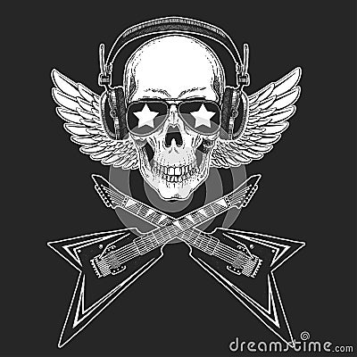 Cool rock star skull wearing disco glasses and headphones Retro music festival. Wings. Heavy metall emblem for concert Vector Illustration