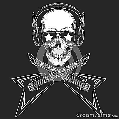 Cool rock star skull wearing disco glasses and headphones Retro music festival. Wings. Heavy metall emblem for concert Vector Illustration