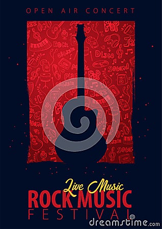 Rock Music Festival. Open Air. Flyer design Template with hand-draw doodle on the background. Vector Illustration