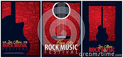 Rock Music Festival. Open Air. Set of Flyers design Template with hand-draw doodle on the background. Vector Illustration