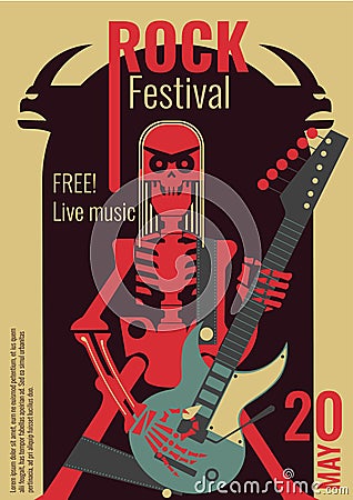 Rock music festival poster vector illustration template for live rock concert placard of skeleton rocker playing guitar Vector Illustration