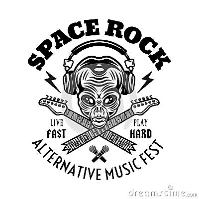 Rock music festival vector emblem, label, badge or logo with alien head in headphones and two crossed broken guitar Vector Illustration