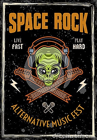 Rock music festival vintage colored poster with alien head in headphones and two crossed broken guitar necks. Vector Vector Illustration