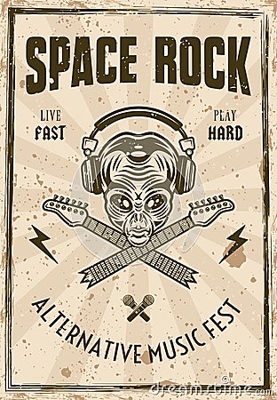 Rock music festival vintage poster with alien head in headphones and two crossed broken guitar necks vector illustration Vector Illustration