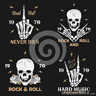 Rock music grunge print for apparel with skeleton hand, skull and rose. Vintage rock-n-roll t-shirt graphics set. Vector. Vector Illustration