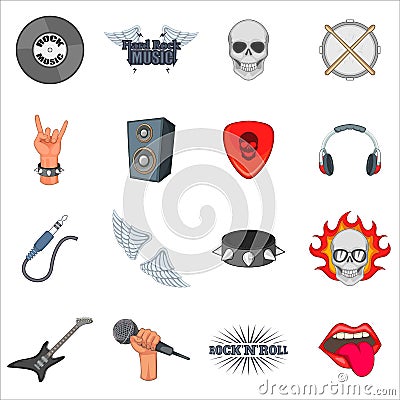 Rock music icons set, cartoon style Vector Illustration