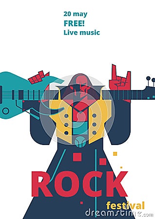 Rock music festival poster vector illustration for live rock concert placard of rocker man with guitar Vector Illustration