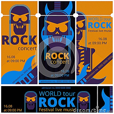 Rock music festival tickets vector illustration templates for live rock concert of skeleton skull and guitar Vector Illustration