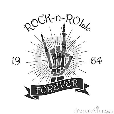 Rock music print with skeleton hand, sunburst and ribbon. Design for t-shirt, clothes, apparel. Vector illustration. Vector Illustration