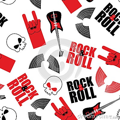 Rock music seamless pattern. Guitar and skull. Wings and rock Vector Illustration