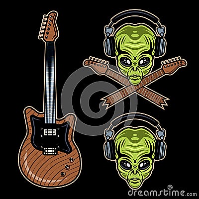 Rock music set of vector objects, alien head in headphones and guitar. Colorful cartoon illustrations on dark background Vector Illustration