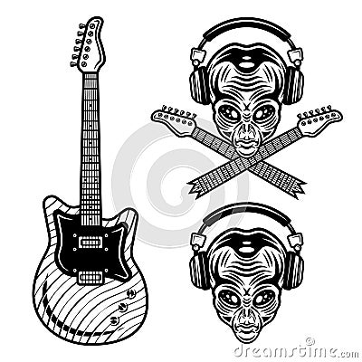 Rock music set of vector objects, alien head in headphones and guitar. Monochrome illustrations isolated on white Vector Illustration