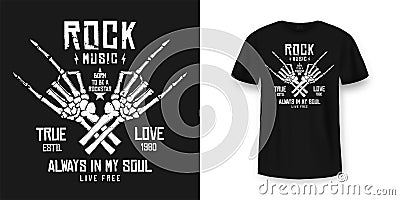 Rock music t-shirt graphic design with skeleton. Rock music slogan for t-shirt print and poster. Skeleton hands with grunge Vector Illustration