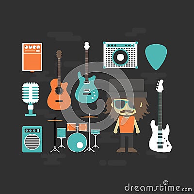 Rock musician and music instrument Vector Illustration