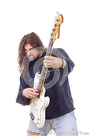 Rock musician playing electric bass guitar Stock Photo