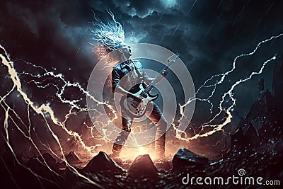 Rock musician plays music in rain, rocker guitarist performs at concert, generative AI Stock Photo
