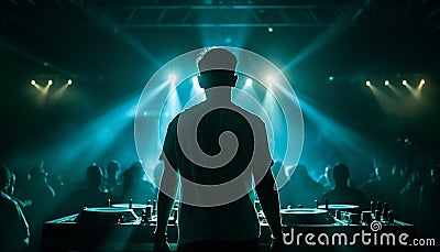 Rock musician silhouetted in blue spotlight playing guitar at nightclub generated by AI Stock Photo