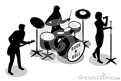 Rock musicians guitarist, drummer and frontwomen illustration black white silhouette isometric icons on isolated background Vector Illustration