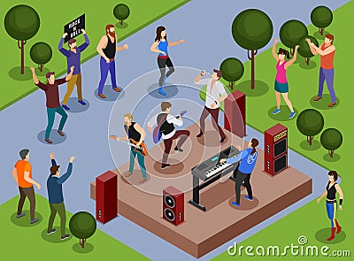 Rock musicians illustration isometric icons on isolated background Vector Illustration