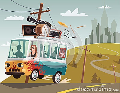 Rock `n` roll band on tour in retro van Cartoon Illustration