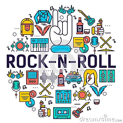 ROCK N ROLL circle outline icons collection set. Music equipment linear symbol pack. Modern template of thin line icons Vector Illustration