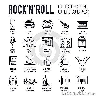 ROCK N ROLL circle outline icons collection set. Music equipment linear symbol pack. Modern template of thin line icons Vector Illustration