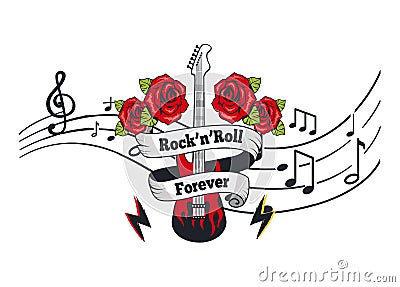 Rock n Roll Forever, Electric Guitar with Roses Vector Illustration