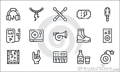 rock n roll line icons. linear set. quality vector line set such as bomb, piano keyboard, poster, whiskey, rock, mp player, boots Vector Illustration