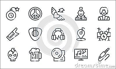 Rock n roll line icons. linear set. quality vector line set such as jack, vinyl, skull, tv show, alcohol, keytar, location, punk, Vector Illustration