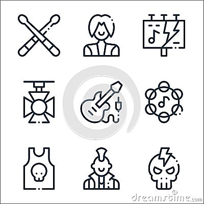 rock n roll line icons. linear set. quality vector line set such as skull, punk, tank top, tambourine, electronic, spotlight, Vector Illustration