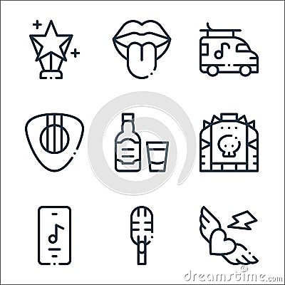 rock n roll line icons. linear set. quality vector line set such as tattoo, microphone, music app, leather jacket, whiskey, guitar Vector Illustration